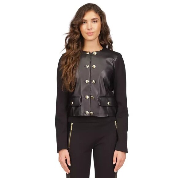 Michael Kors Women's Button-Front Mixed-Media Jacket Black Size P/L MSRP $175 - Picture 1 of 5